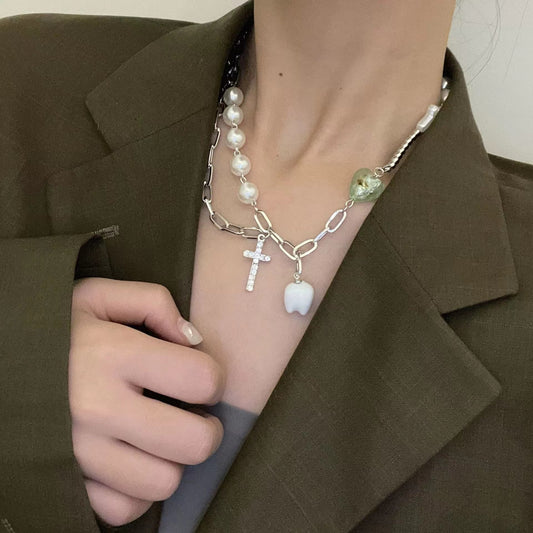 Tooth Cross Pearl Metal Necklace