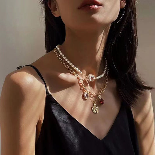 French vintage temperament pearl and diamond multi-layer necklace