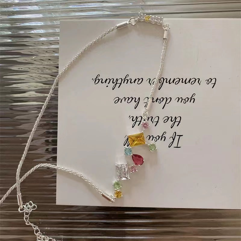 Sparkling color drops zirconia splicing necklace candy color full of stars collarbone chain cold wind necklace accessories