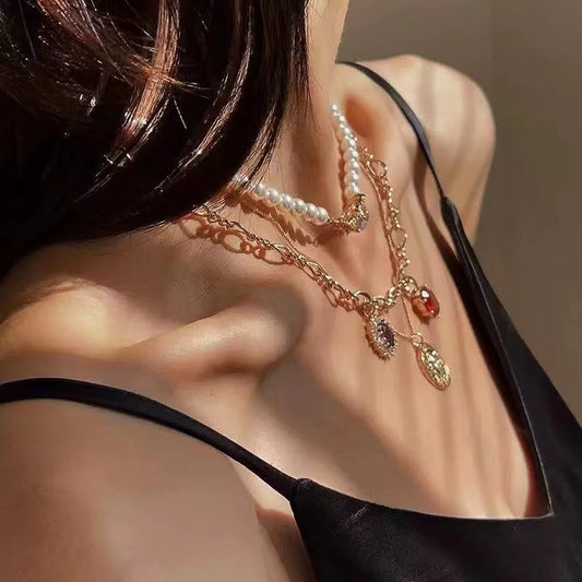 French vintage temperament pearl and diamond multi-layer necklace