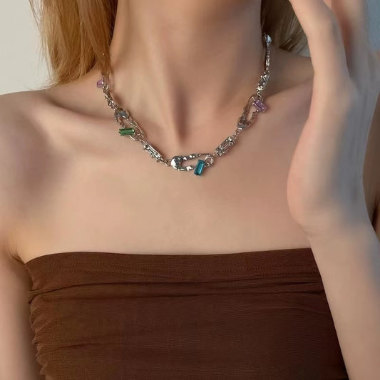 Sweet cool personality colorful diamond stitching pin necklace female niche cold wind ins hip-hop Europe and the United States design sense collarbone chain