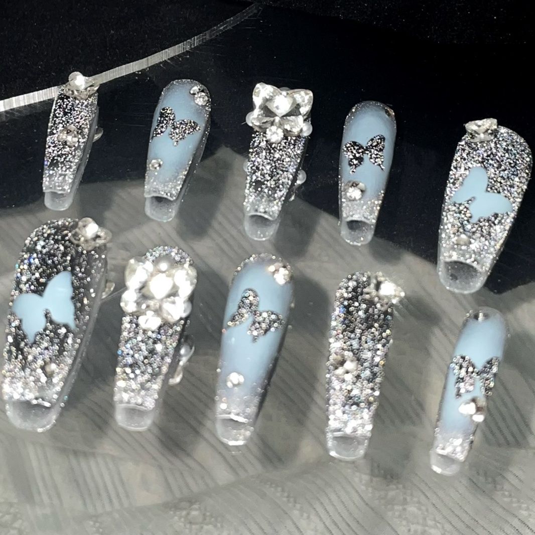 Hollow broken diamond black and blue butterfly handmade nails