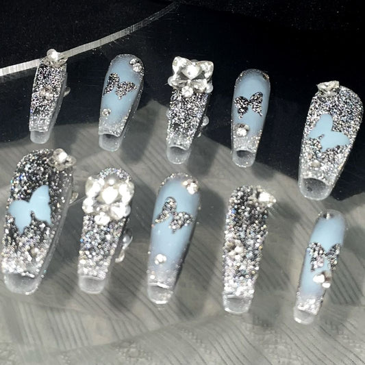 Hollow broken diamond black and blue butterfly handmade nails