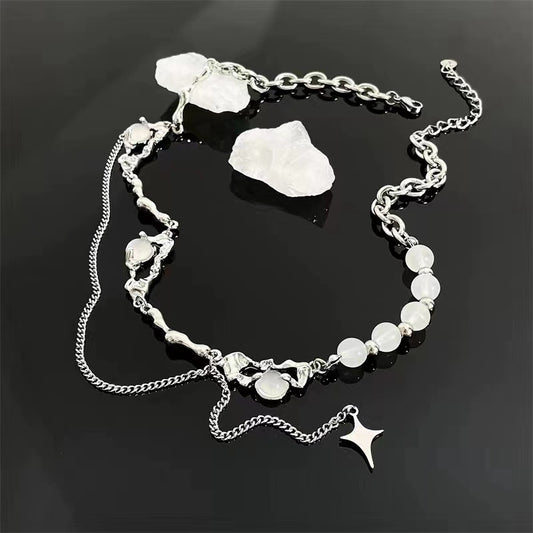 Cat's eye stone stitching mansard tassel necklace men and women niche design senior sense of temperament hip-hop cold wind collarbone chain