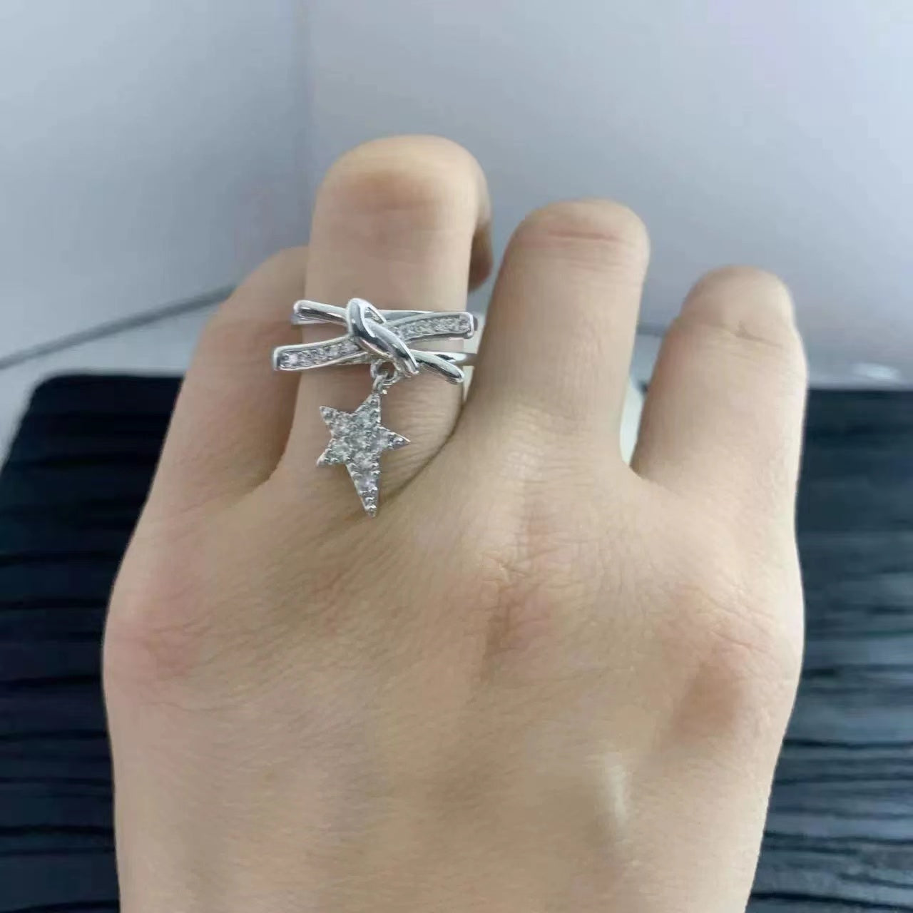 New star rhinestone knotted open ring female tassel chain fashion finger ring