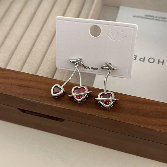 925 silver pin burgundy zirconia love Cheerios earrings niche design sense cold wind earrings ins sweet earrings