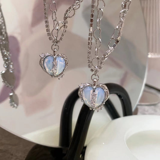 Sweet cool design opal sky blue love zirconia double layer necklace