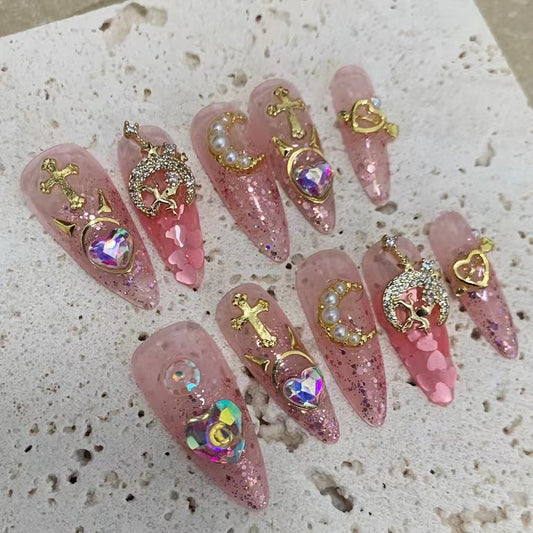 Wearing nail piece handmade finished light therapy fake nails water ice moon American Girl Warrior flash wearing nail patch