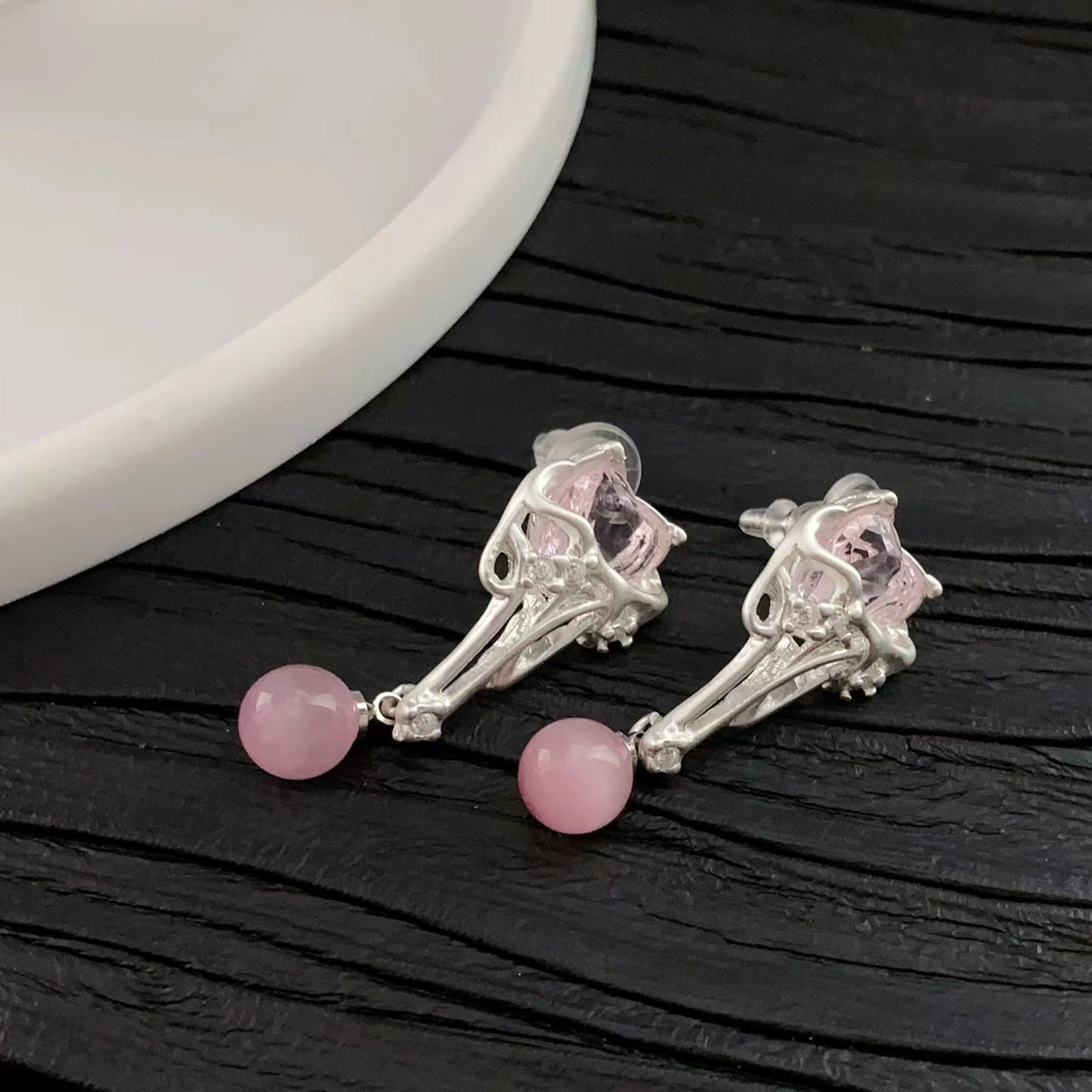Pink zirconium love niche design necklace earrings studs collarbone chain simple fashion accessories