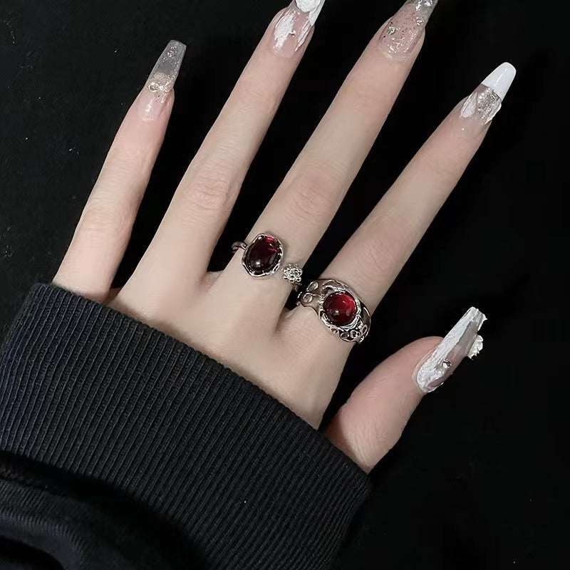 Red onyx niche design sense ins cold style senior sense simple flower bud gemstone ring