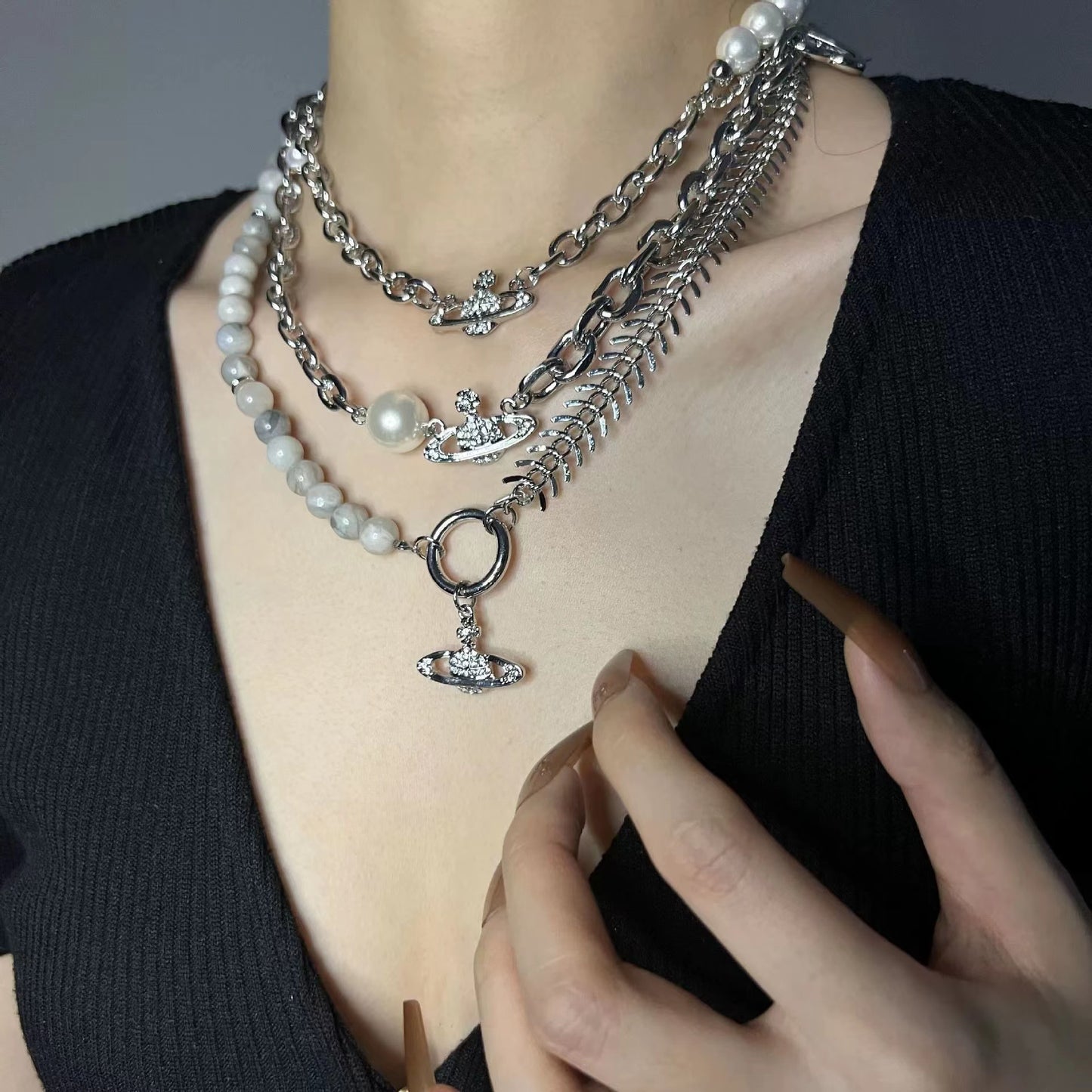 Thick chain patchwork diamond chain necklace