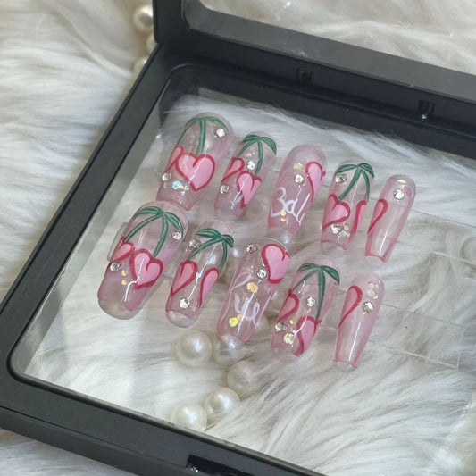 Water peach peach heart hand-painted girl heart handmade wear nail spicy girl sweet cool nail show white nail patch removable