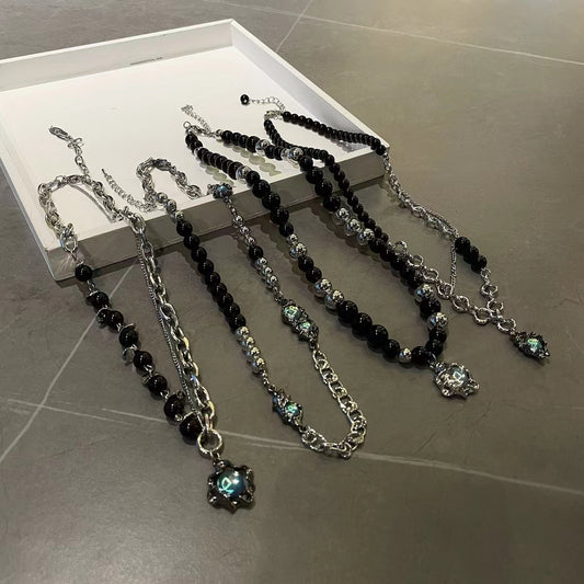 Black beaded titanium steel chain sweet cool collarbone chain female