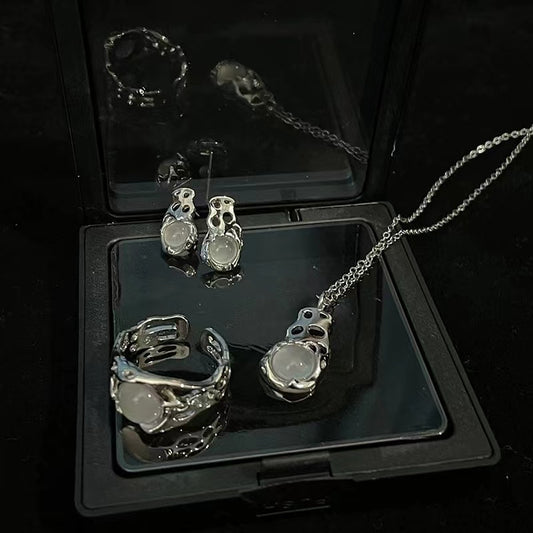 Niche design opal set ins cold wind open ring personality minimalist necklace senior sense earrings female
