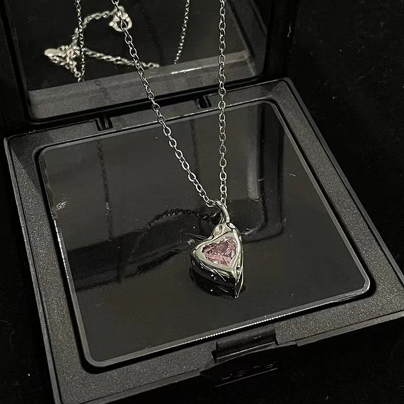 Niche design pink zirconia love necklace ins sweet cool wind earrings senior sense of cold wind open ring female