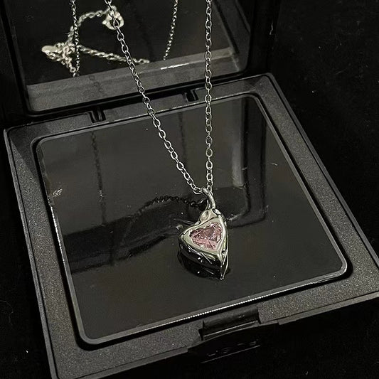 Niche design pink zirconia love necklace ins sweet cool wind earrings senior sense of cold wind open ring female