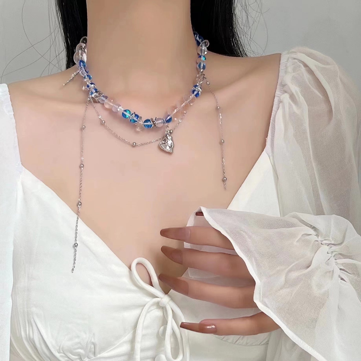 Stone blue burst crystal love planet patchwork necklace