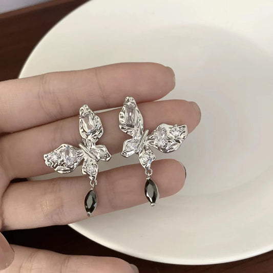 S925 silver pin glitter butterfly drop dangle earrings