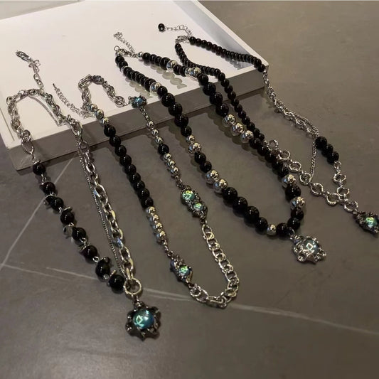 Black beaded titanium steel chain sweet cool collarbone chain female