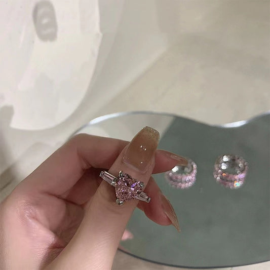 Sweet cool wind pink love ring female niche design light luxury index finger ins premium feeling inlaid zirconia open ring