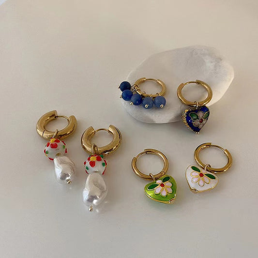 French retro oil dripping pearl love flower earrings