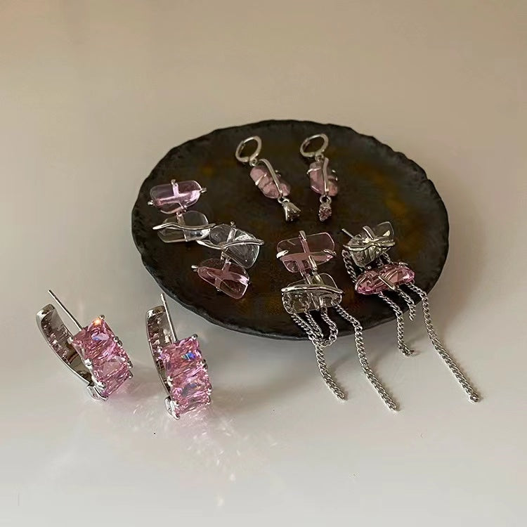 Super fairy pink zirconia irregular metal tassel earrings female Korean personality versatile temperament fashion earrings earrings