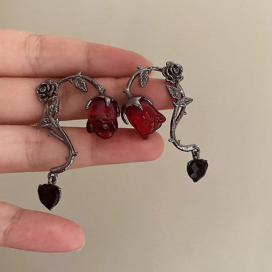 Rose Kiss Flower Twisted Heart Dangle Earrings