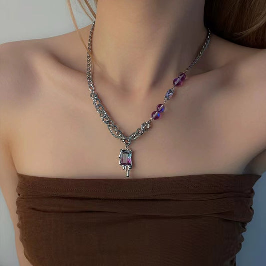 Sweet cool purple square diamond stitching round bead necklace female niche ins hip-hop design sense cold wind light luxury collarbone chain