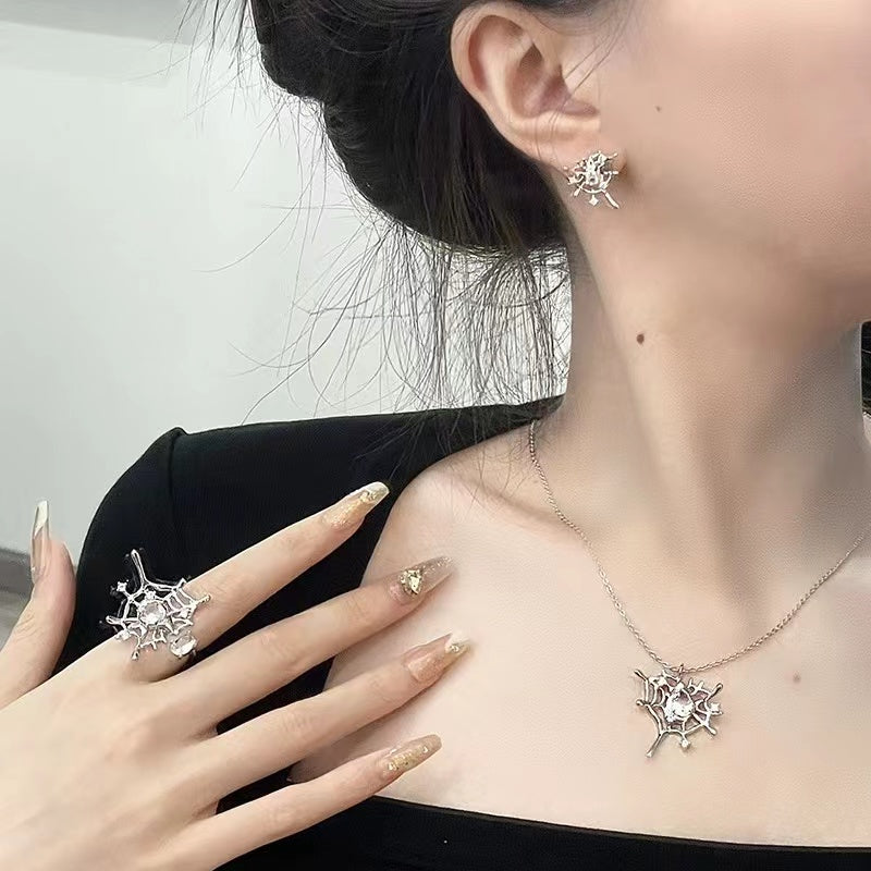 Niche design spider web set ins cold wind open ring inlaid zirconia necklace senior sense earrings female