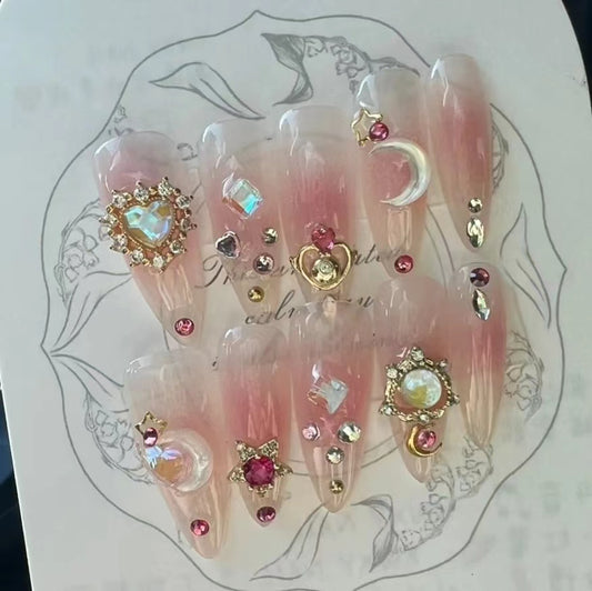 Ice moon wearing nail patch finished beautiful girl wear white nail