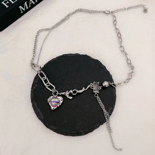 Neon gradient colorful love necklace female ins niche light luxury senior sense of temperament square diamond tassel lock chain tide