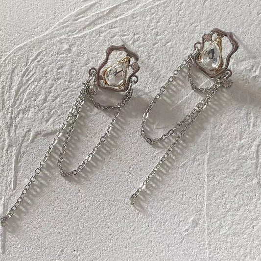 S925 silver needle large zircon tassel Chain Earrings