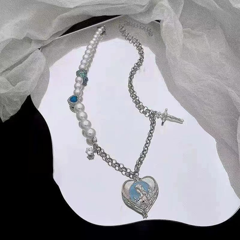 Our Lady of Love pearl pieced zirconia cross clasp chain