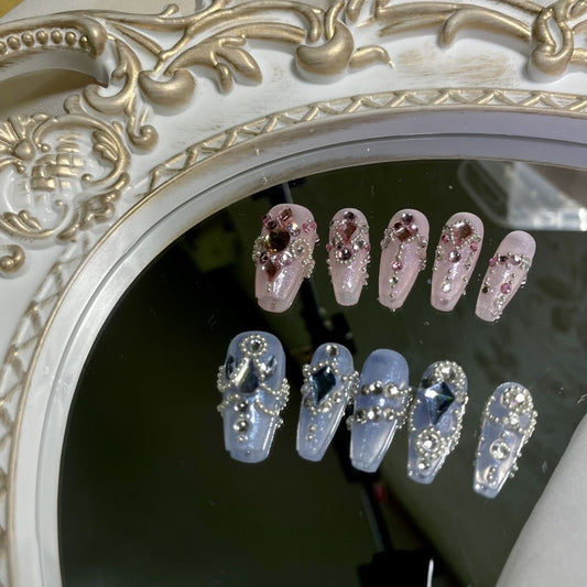 Pink and blue advanced customized manicure, pure handmade
