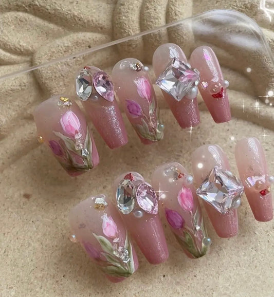 Hand-painted tulip flower diamond nails