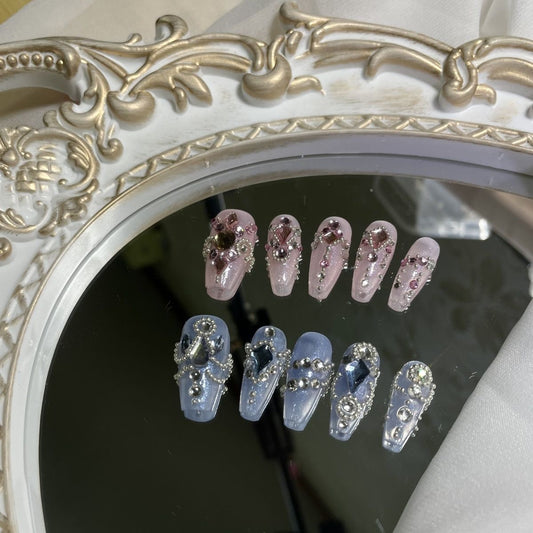 Pink and blue advanced customized manicure, pure handmade