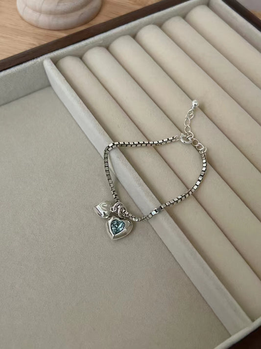 Hand made original design S925 silver exquisite heavy industry Blue Zircon Love Box Chain Bracelet (female)