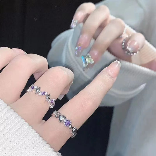 Purple Diamond Pair Ring Galaxy Brilliant Series Ring ins Sweet Style Love Four Star Index Finger Ring
