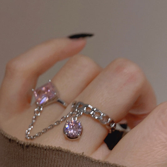 Pink purple gem finger ring, fashionable zircon fringe ring, female design, niche fashion index finger tail ring
