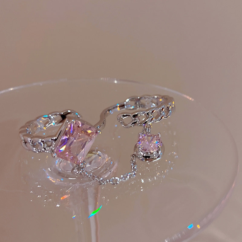 Pink purple gem finger ring, fashionable zircon fringe ring, female design, niche fashion index finger tail ring
