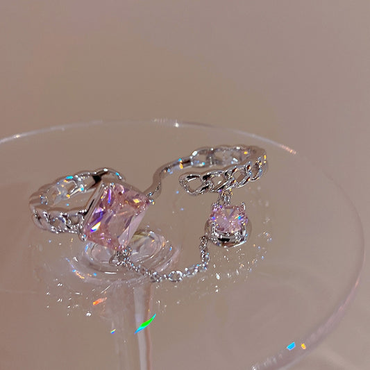 Pink purple gem finger ring, fashionable zircon fringe ring, female design, niche fashion index finger tail ring