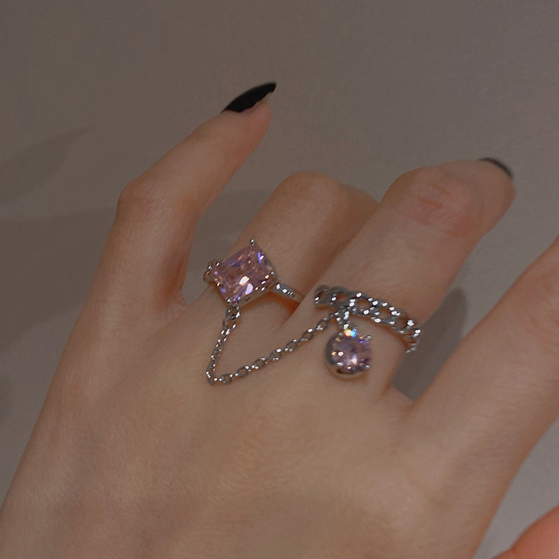 Pink purple gem finger ring, fashionable zircon fringe ring, female design, niche fashion index finger tail ring