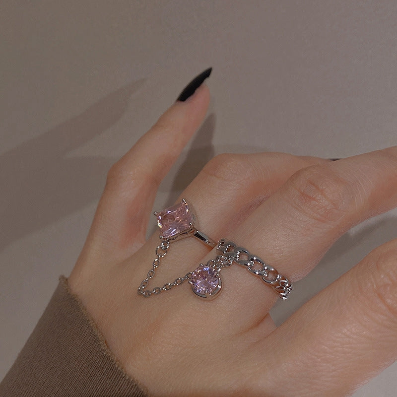 Pink purple gem finger ring, fashionable zircon fringe ring, female design, niche fashion index finger tail ring
