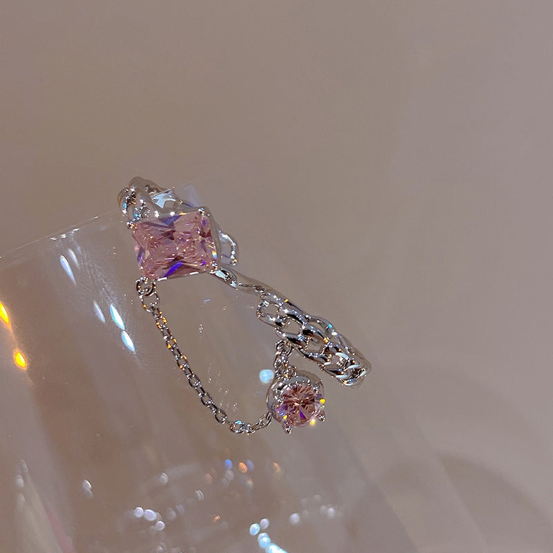 Pink purple gem finger ring, fashionable zircon fringe ring, female design, niche fashion index finger tail ring