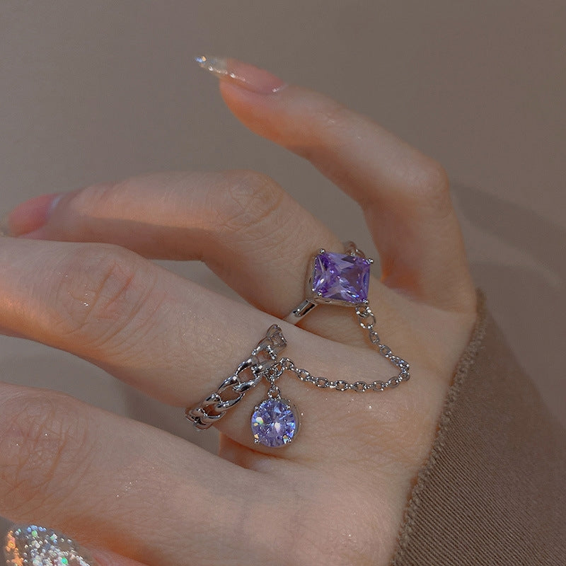 Pink purple gem finger ring, fashionable zircon fringe ring, female design, niche fashion index finger tail ring