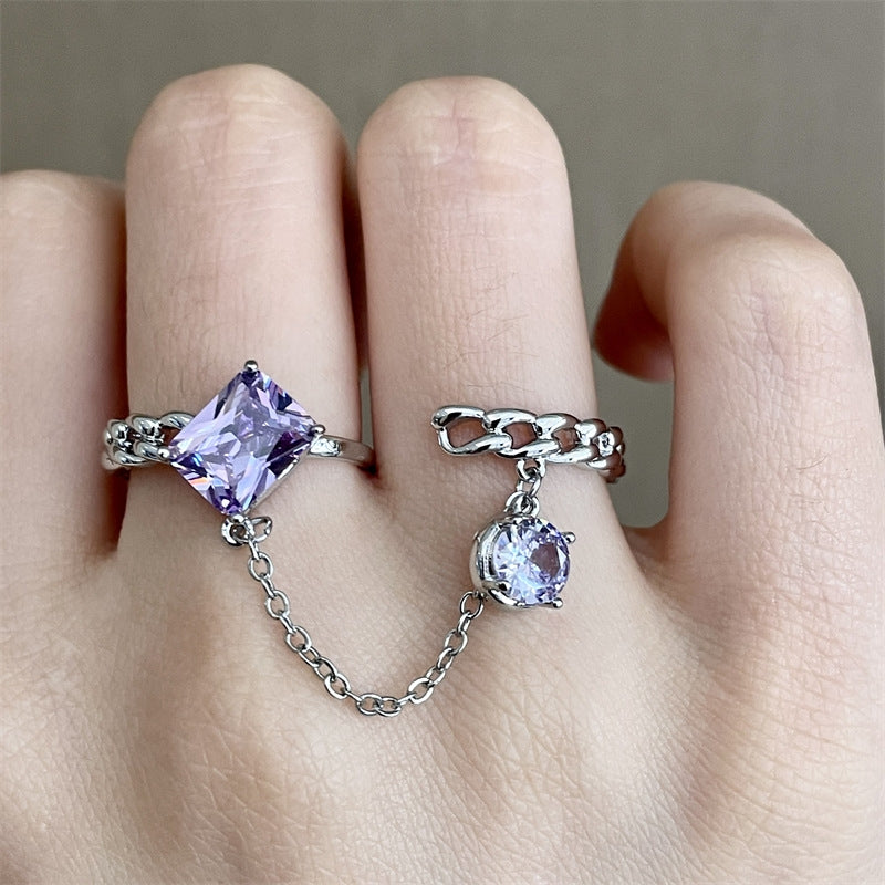 Pink purple gem finger ring, fashionable zircon fringe ring, female design, niche fashion index finger tail ring