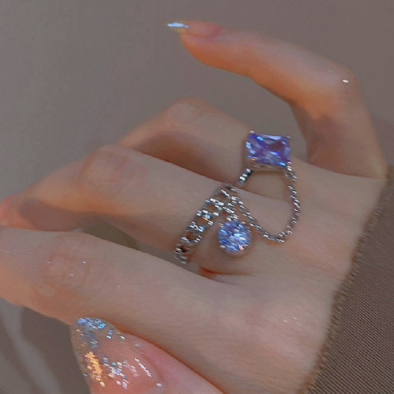 Pink purple gem finger ring, fashionable zircon fringe ring, female design, niche fashion index finger tail ring
