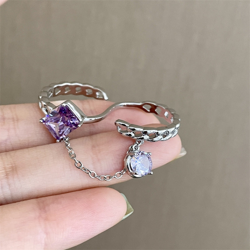 Pink purple gem finger ring, fashionable zircon fringe ring, female design, niche fashion index finger tail ring
