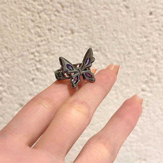Black butterfly ring, female purple diamond inlaid with sweet cool personality, hot girl, small crowd adjustable index finger ring