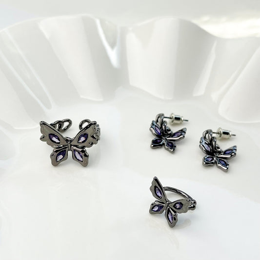 Black butterfly ring, female purple diamond inlaid with sweet cool personality, hot girl, small crowd adjustable index finger ring